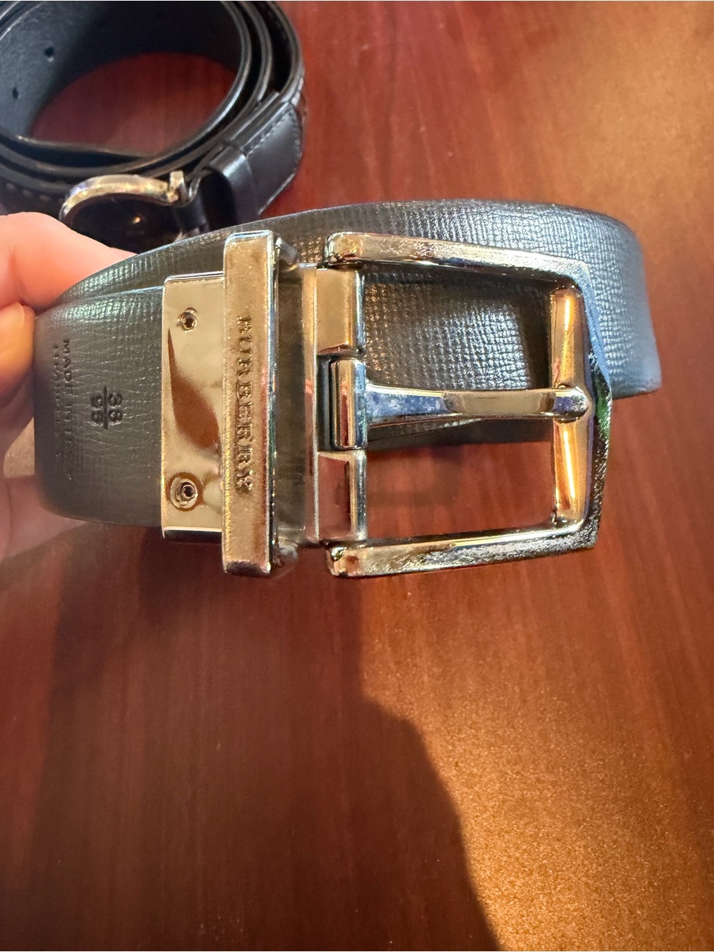 Burberry Black Leather Belt with Silver Buckle